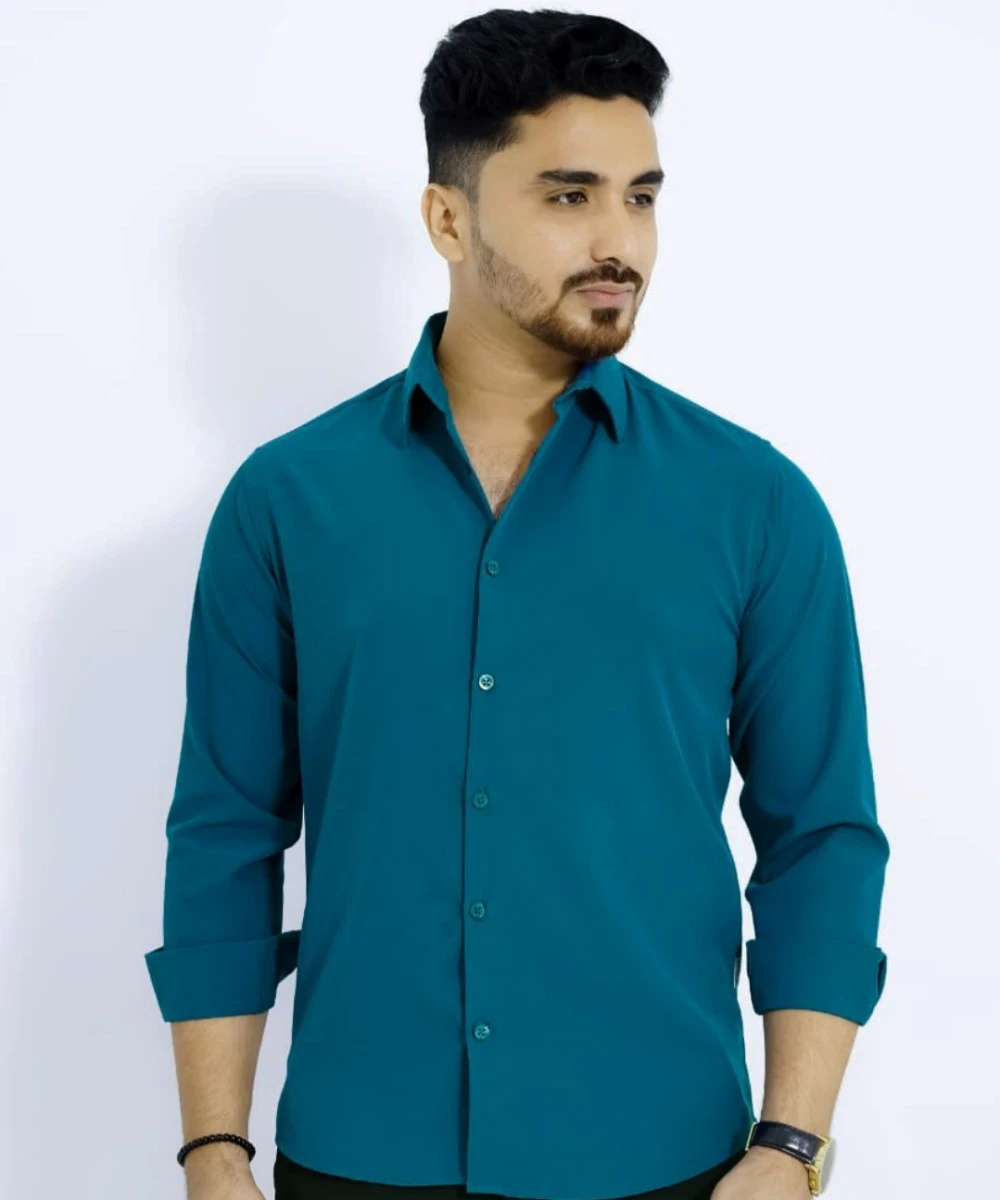 Standard Petrol China Micro Stretchable Solid Shirt For Men's
