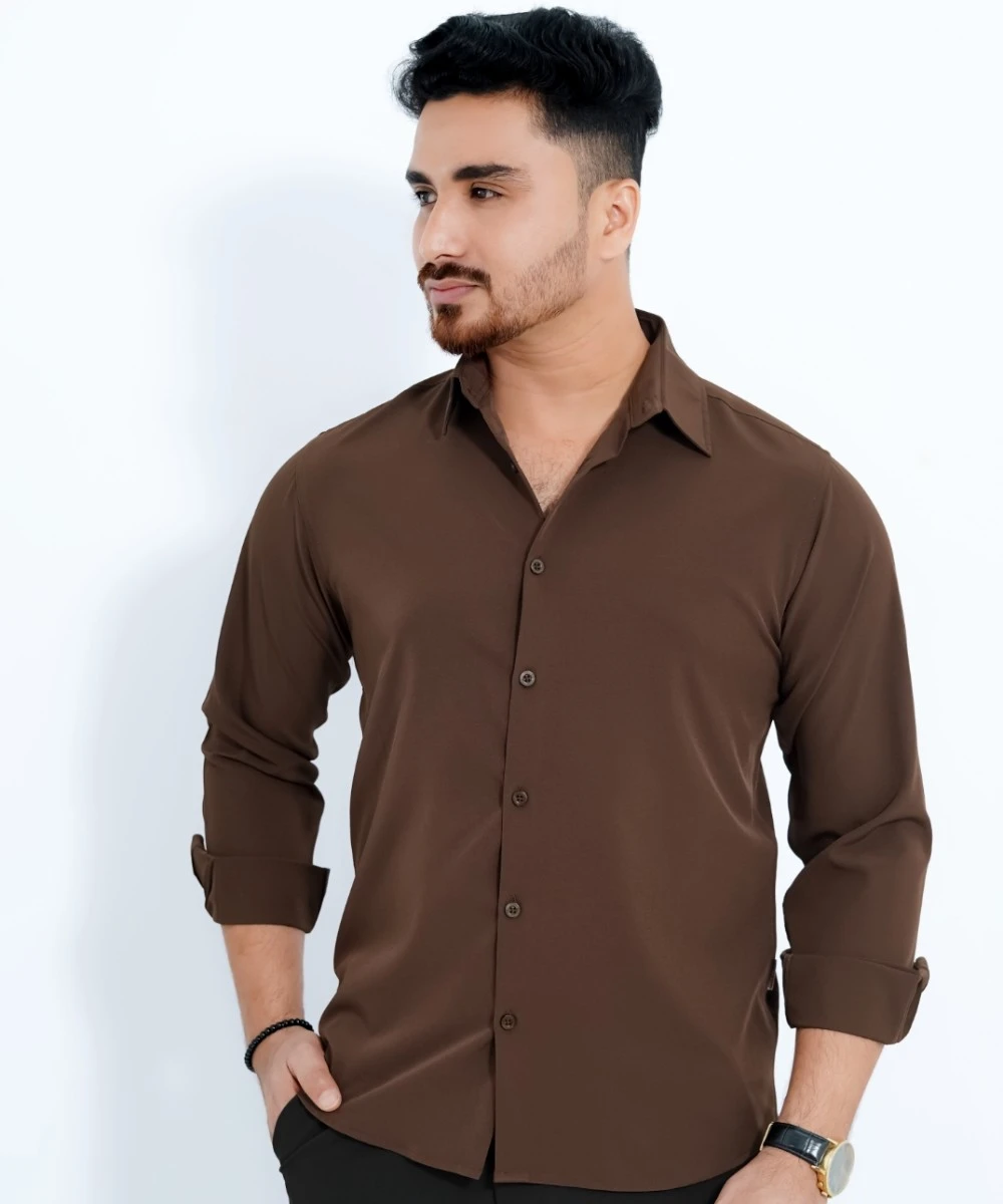Standard Brown China Micro Stretchable Solid Shirt For Men's