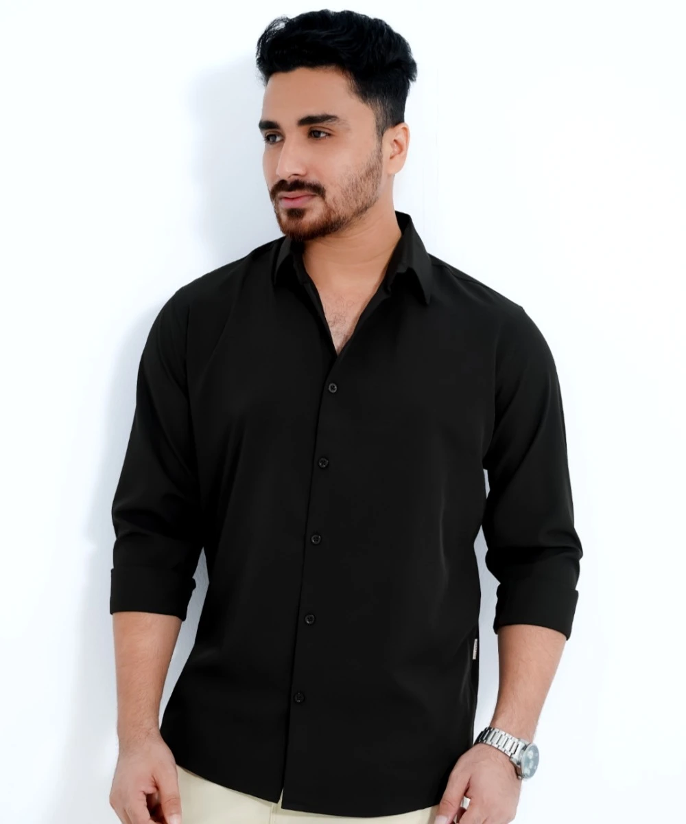 Black Standard China Micro Stretchable Solid Shirt For Men's