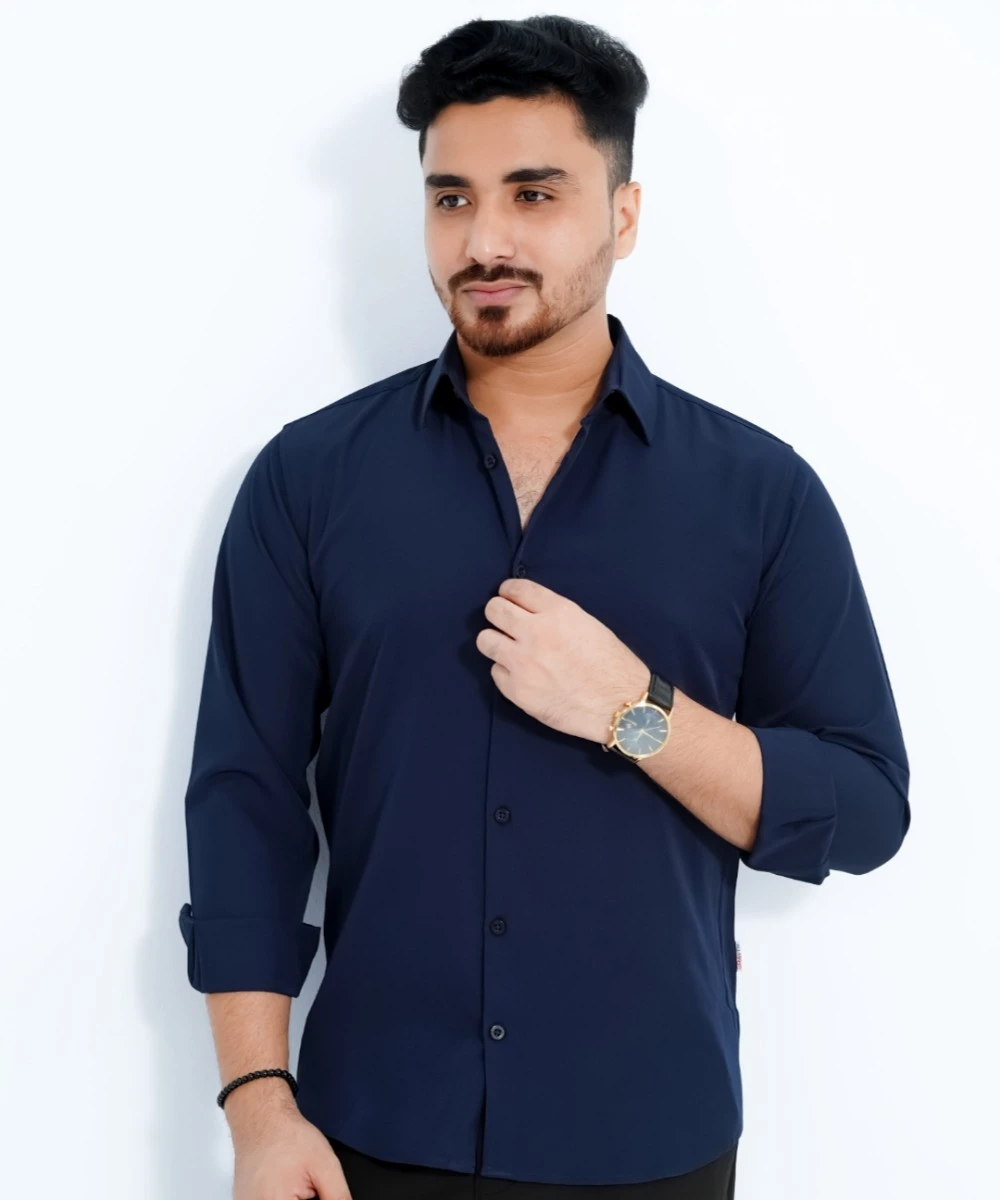 Navyblue Standard China Micro Stretchable Solid Shirt For Men's