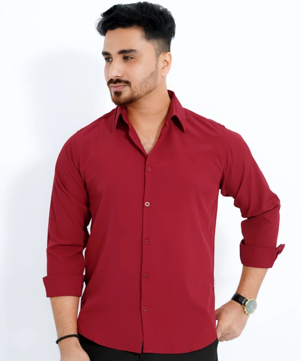 Maroon Standard China Micro Stretchable Solid Shirt For Men's