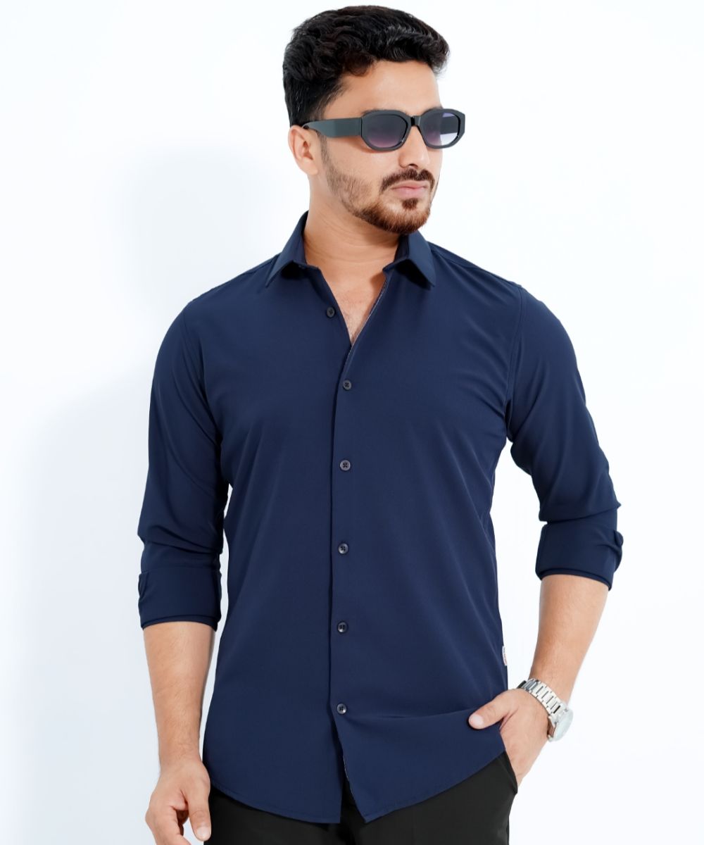 Navyblue China Micro Stretchable Solid Shirt For Men's