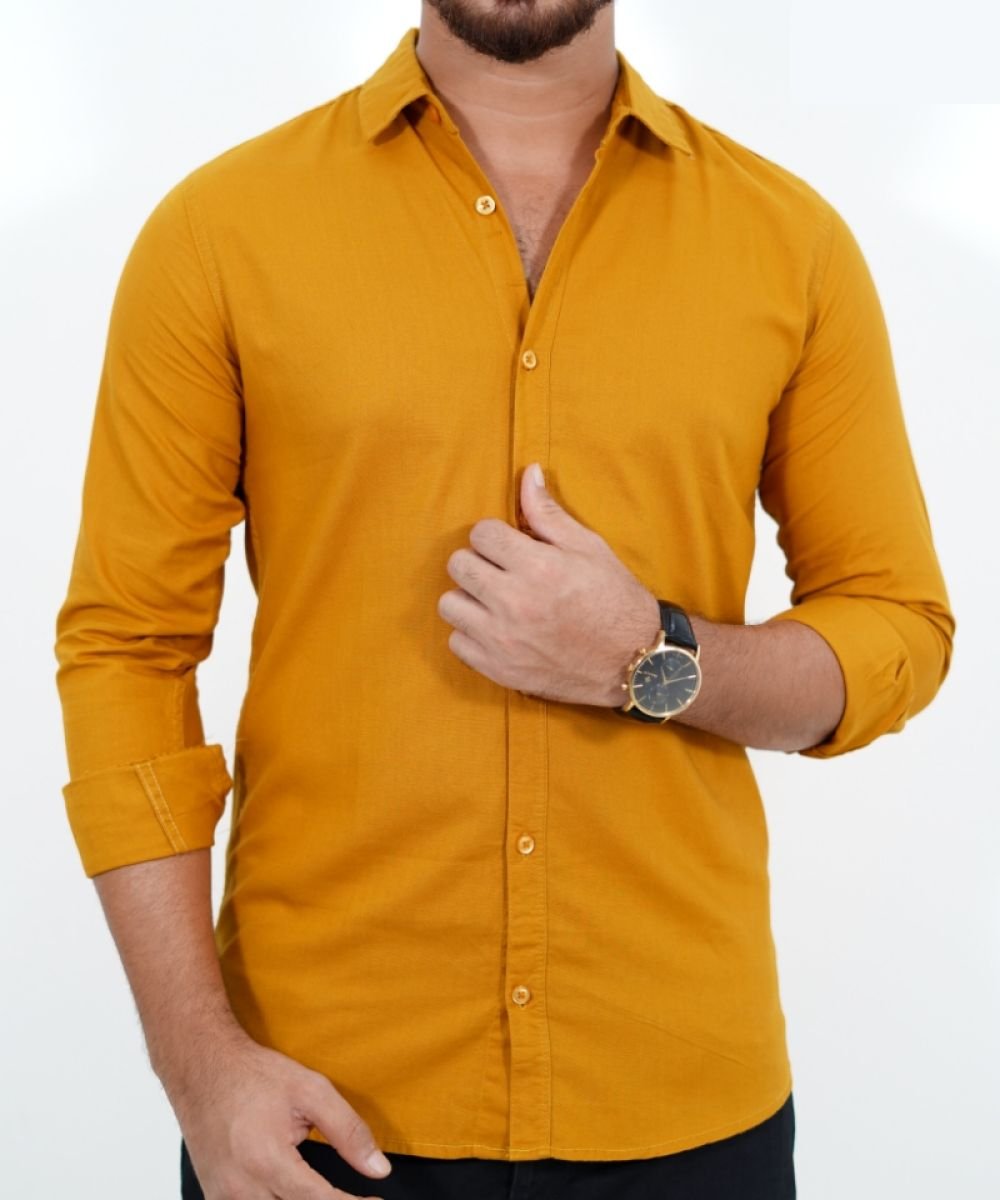 Oxford Cotton Mustard Full Sleeve Shirt For Men's