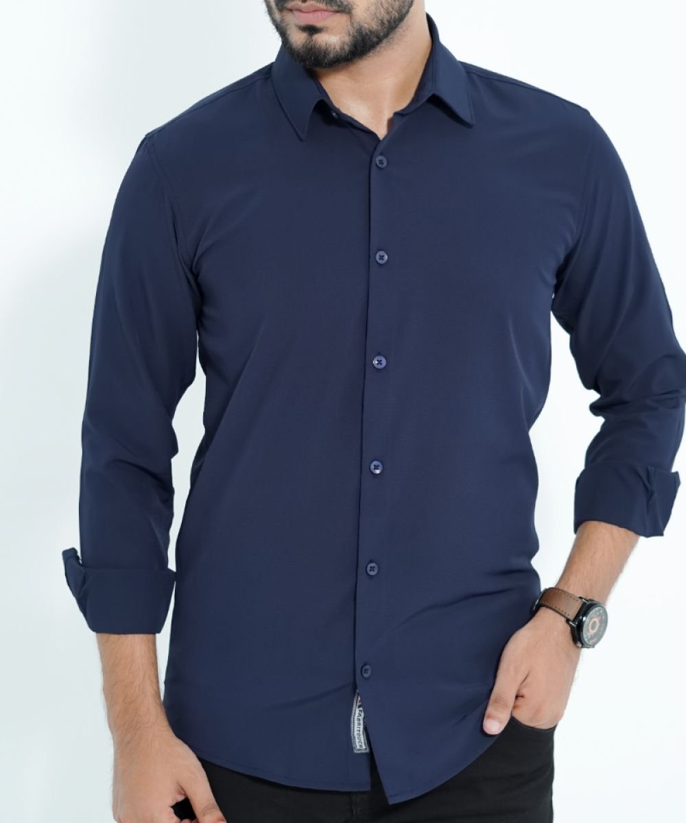 Navyblue China Micro Stretchable Solid Shirt For Men's